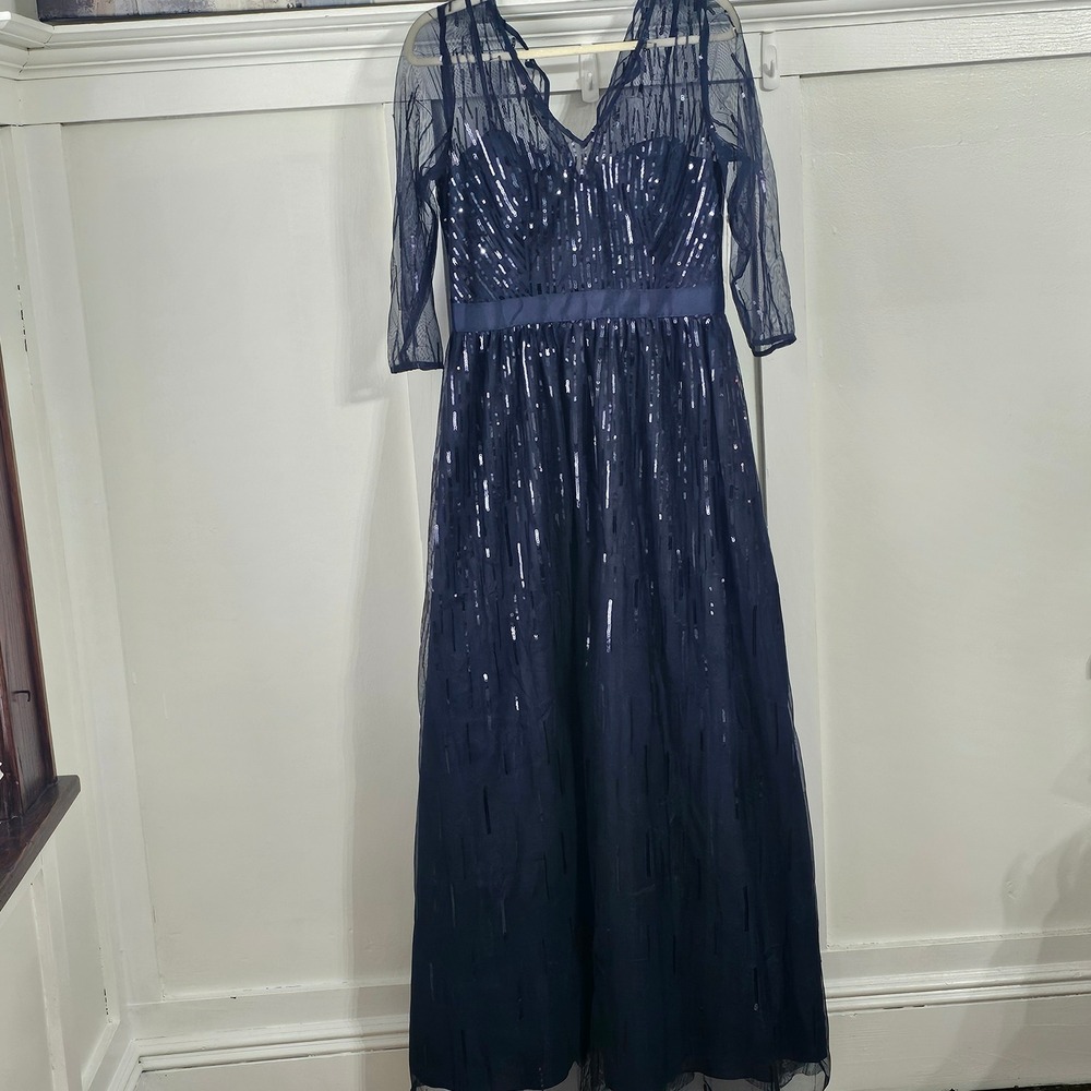 Eliza J Navy Blue Sequin Mesh V-Neck Evening Gown Maxi Dress Size 10